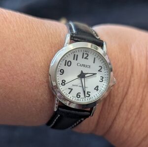 CAPRICE QUARTZ WATCH | WHITE DIAL | BLACK LEATHER STRAP | EASY READ